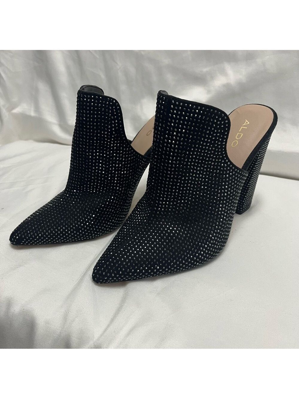 Aldo Rhinestone Crystal Embellished Mules Heels Black 7.5 - Picture 4 of 12
